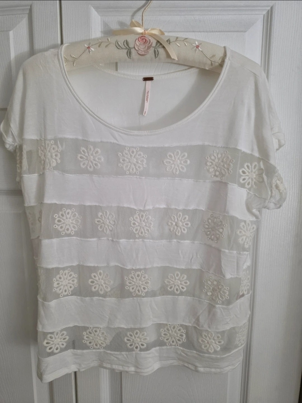 Free People White Sheer Floral Stripe Tee